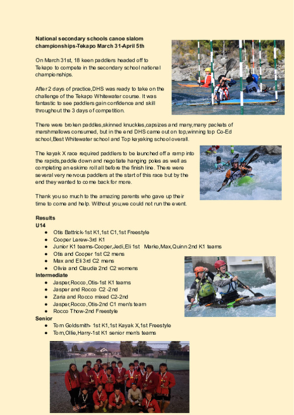 National Secondary Schools Canoe Slalom Championships Tekapo March 31 April 5th