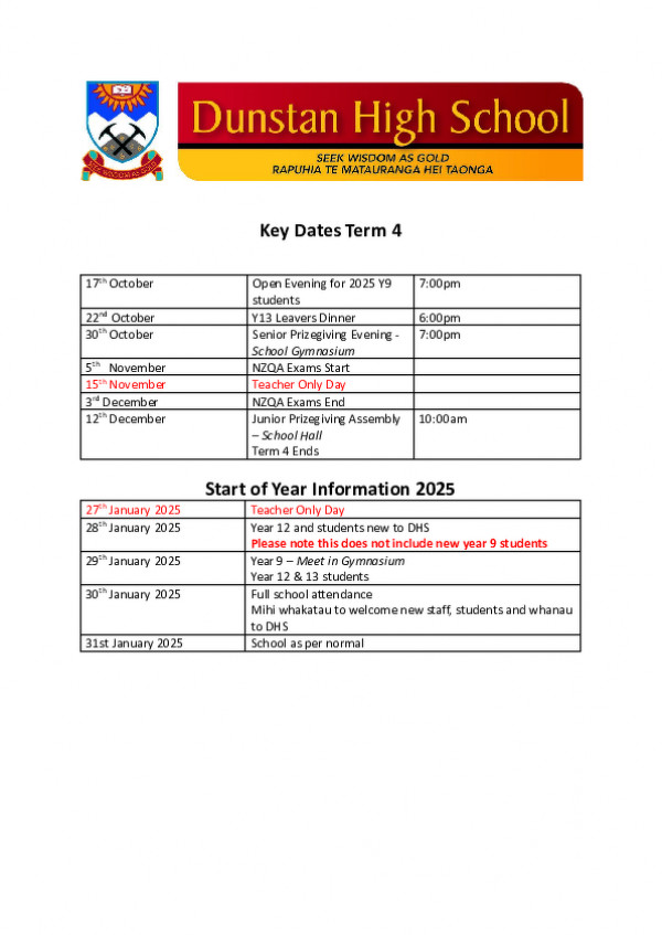 Key Dates Term 4