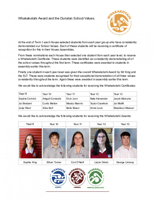 Whakakotahi Award And The Dunstan School Values