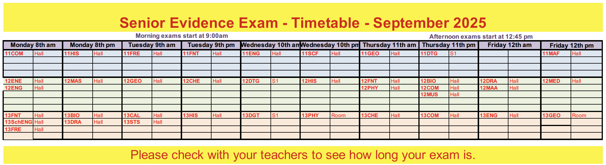 Evidence Exam Timetable 2025