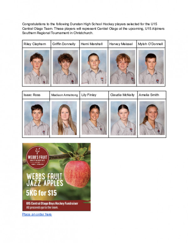 Dunstan High School Players Selected For The U15 Central Otago Hockey Team